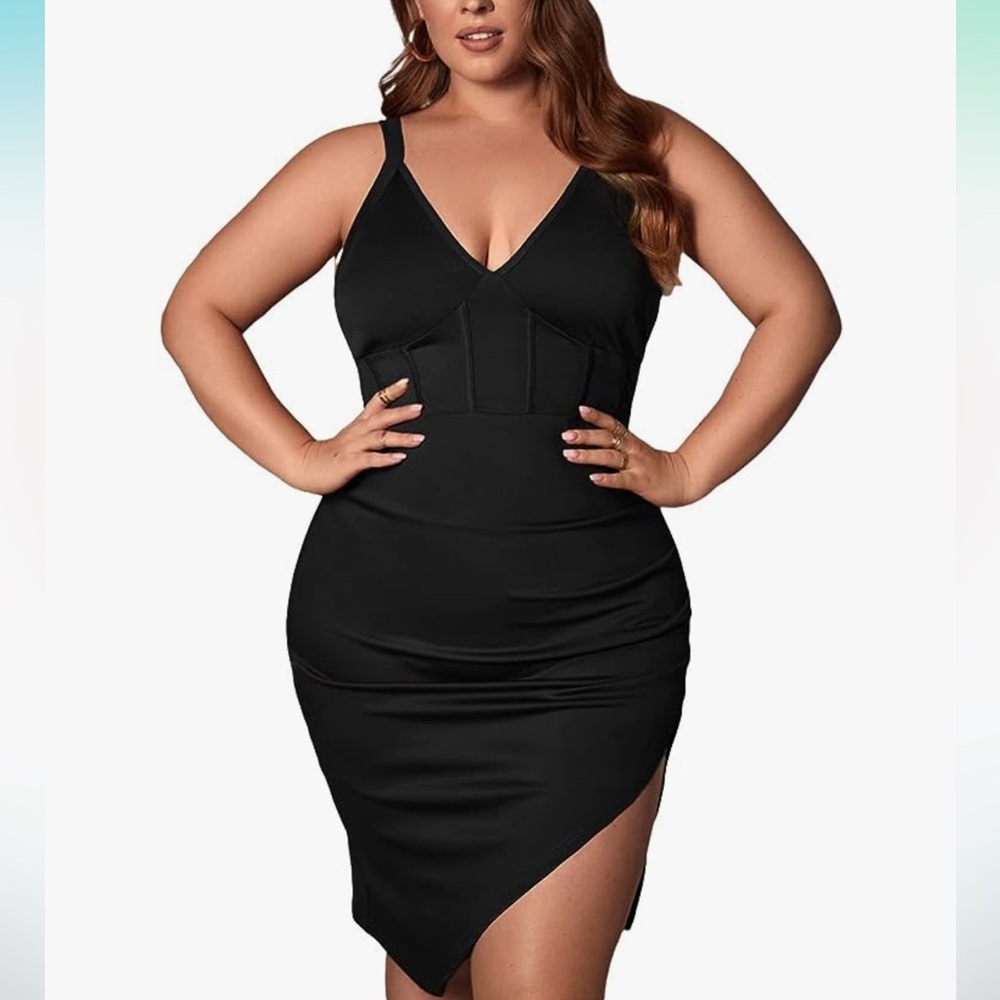 COZYEASE Women's Sexy Dress Asymmetrical Hem Split V Neck Bodycon Mini Dress